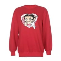Cute 80s 90s Red Heart Vintage Cartoon Girl Long Sleeve Shirt Hoodie Pullover Sweatshirt Casual E-Girl Kawaii Korean Japanese Harajuku Streetwear - Thumbnail 3