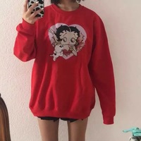 Cute 80s 90s Red Heart Vintage Cartoon Girl Long Sleeve Shirt Hoodie Pullover Sweatshirt Casual E-Girl Kawaii Korean Japanese Harajuku Streetwear - Thumbnail 6