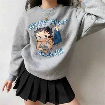 Cute 80s 90s Vintage Cartoon Girl Print Long Sleeve Shirt Hoodie Pullover Sweatshirt Sweater Casual E-Girl Kawaii Korean Japanese Harajuku Streetwear