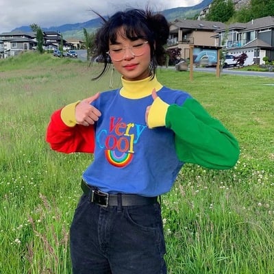 Cute rainbow cool letter embroidery aesthetic sweatshirt long sleeve shirt turtleneck top casual e-girl kawaii korean japanese harajuku streetwear - Thumbnail 5