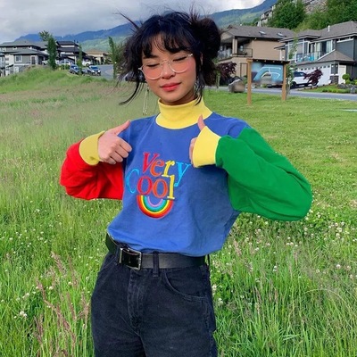 Cute Rainbow Cool Letter Embroidery Aesthetic Sweatshirt Long Sleeve Shirt Turtleneck Top Casual E-Girl Kawaii Korean Japanese Harajuku Streetwear