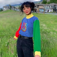 Cute Rainbow Cool Letter Embroidery Aesthetic Sweatshirt Long Sleeve Shirt Turtleneck Top Casual E-Girl Kawaii Korean Japanese Harajuku Streetwear - Thumbnail 1