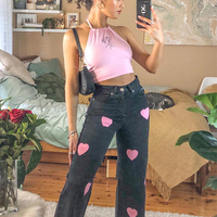 Cute Vintage Pink Heart Print Black Denim Jeans Straight High Waist Long Trouser Pants Autumn Casual E-Girl Kawaii Korean Japanese Harajuku Streetwear - Thumbnail 2