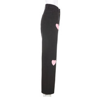 Cute Vintage Pink Heart Print Black Denim Jeans Straight High Waist Long Trouser Pants Autumn Casual E-Girl Kawaii Korean Japanese Harajuku Streetwear - Thumbnail 5