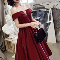 Burgundy satin short prom dress party dress - Thumbnail 2