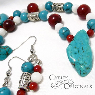 Turquoise magnesite, coral and rivershell set