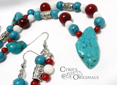 Turquoise Magnesite, Coral and Rivershell set