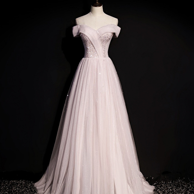 Pink tulle beads long prom dress a line evening dress - Thumbnail 3