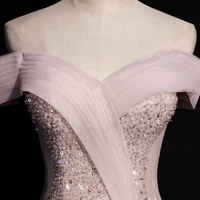 Pink tulle beads long prom dress A line evening dress - Thumbnail 1