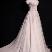 Pink tulle beads long prom dress A line evening dress - Thumbnail 4