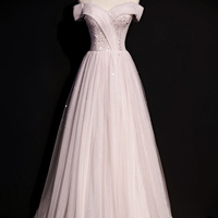 Pink tulle beads long prom dress A line evening dress - Thumbnail 7