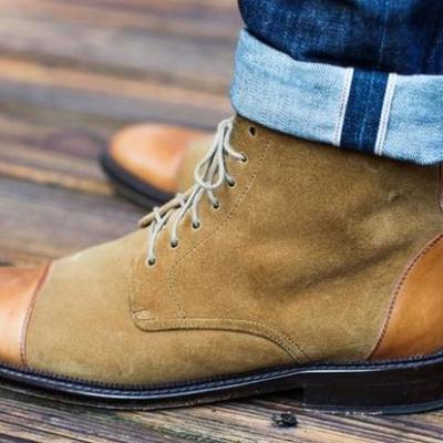 New design handmade brown cap toe leather suede dressing boot for men - Thumbnail 1