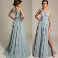 Dusty Blue V Neck Chiffon Evening Gown with Side Split,Sexy Cowl Back Prom/Evening Bridesmaid Dress,216 - Thumbnail 2