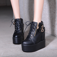Fashion lace-up black thick-soled inner high boots S-310 - Thumbnail 1