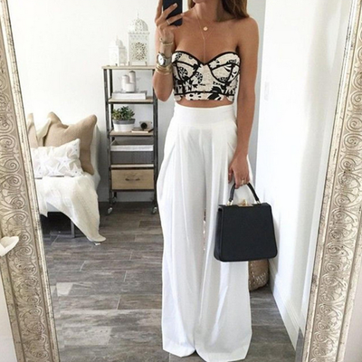 White fashion high waist long pants