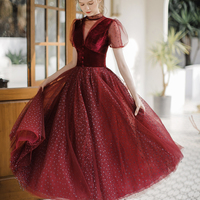 Burgundy tulle short prom dress A line evening dress - Thumbnail 8