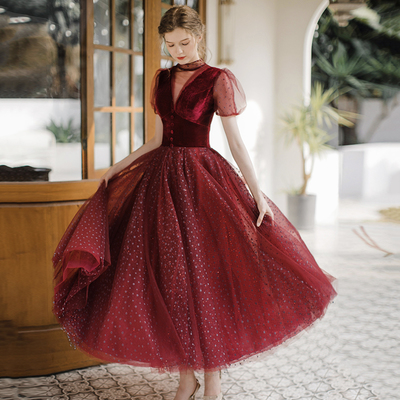 Burgundy tulle short prom dress a line evening dress - Thumbnail 1