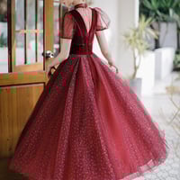 Burgundy tulle short prom dress A line evening dress - Thumbnail 1