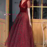 Burgundy tulle short prom dress A line evening dress - Thumbnail 2