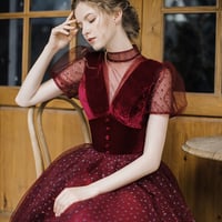 Burgundy tulle short prom dress A line evening dress - Thumbnail 3