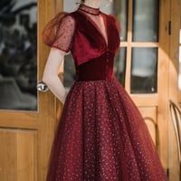 Burgundy tulle short prom dress A line evening dress - Thumbnail 4