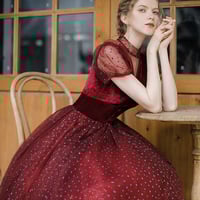 Burgundy tulle short prom dress A line evening dress - Thumbnail 5