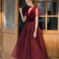 Burgundy tulle short prom dress A line evening dress - Thumbnail 6