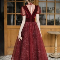 Burgundy tulle short prom dress A line evening dress - Thumbnail 7