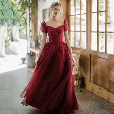 Burgundy tulle beads long prom dress a line evening dress