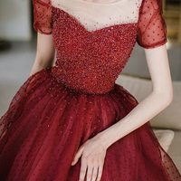 Burgundy tulle beads long prom dress A line evening dress - Thumbnail 1