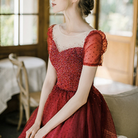 Burgundy tulle beads long prom dress A line evening dress - Thumbnail 2