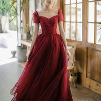 Burgundy tulle beads long prom dress A line evening dress - Thumbnail 8