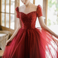 Burgundy tulle beads long prom dress A line evening dress - Thumbnail 3