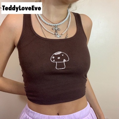 Cute 90s Vintage Brown Mushroom Diamond Aesthetics Crop Top Tank Sleeveless Shirt Summer Casual E-Girl Kawaii Korean Japanese Harajuku Streetwear