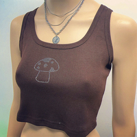 Cute 90s Vintage Brown Mushroom Diamond Aesthetics Crop Top Tank Sleeveless Shirt Summer Casual E-Girl Kawaii Korean Japanese Harajuku Streetwear - Thumbnail 1