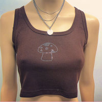 Cute 90s Vintage Brown Mushroom Diamond Aesthetics Crop Top Tank Sleeveless Shirt Summer Casual E-Girl Kawaii Korean Japanese Harajuku Streetwear - Thumbnail 2