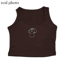 Cute 90s Vintage Brown Mushroom Diamond Aesthetics Crop Top Tank Sleeveless Shirt Summer Casual E-Girl Kawaii Korean Japanese Harajuku Streetwear - Thumbnail 4