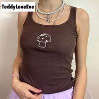 Cute 90s Vintage Brown Mushroom Diamond Aesthetics Crop Top Tank Sleeveless Shirt Summer Casual E-Girl Kawaii Korean Japanese Harajuku Streetwear - Thumbnail 3