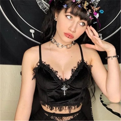 Cute Sexy Black Lace Trim Cross Goth Punk Backless Crop Top Tank Sleeveless Shirt Summer Casual E-Girl Kawaii Korean Japanese Harajuku Streetwear
