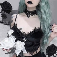 Cute Sexy Black Lace Trim Cross Goth Punk Backless Crop Top Tank Sleeveless Shirt Summer Casual E-Girl Kawaii Korean Japanese Harajuku Streetwear - Thumbnail 2