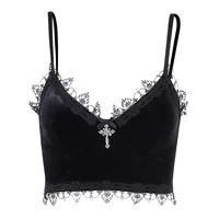 Cute Sexy Black Lace Trim Cross Goth Punk Backless Crop Top Tank Sleeveless Shirt Summer Casual E-Girl Kawaii Korean Japanese Harajuku Streetwear - Thumbnail 4