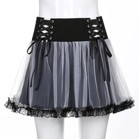 Sexy Goth Dark Punk Mesh A Line Skirt Lace Up Patchwork Ribbon Lace Trim High Waisted Summer Casual E-Girl Kawaii Korean Japanese Harajuku Streetwear - Thumbnail 1