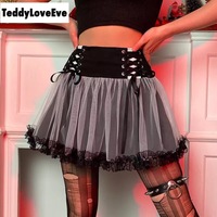 Sexy Goth Dark Punk Mesh A Line Skirt Lace Up Patchwork Ribbon Lace Trim High Waisted Summer Casual E-Girl Kawaii Korean Japanese Harajuku Streetwear - Thumbnail 8