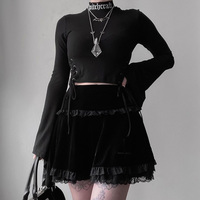Cute Sexy Goth Black Cross Skirt Vintage Lace Trim A-Line Grunge Punk High Waist Ruffle Summer E-Girl Kawaii Korean Japanese Harajuku Streetwear - Thumbnail 2