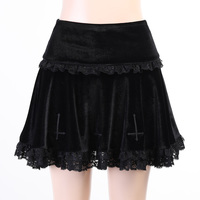 Cute Sexy Goth Black Cross Skirt Vintage Lace Trim A-Line Grunge Punk High Waist Ruffle Summer E-Girl Kawaii Korean Japanese Harajuku Streetwear - Thumbnail 5