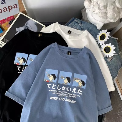 Cute Anime Boy Print Cartoon Oversized Loose Short Sleeve Shirt T-shirt Top Tee Summer Casual E-Girl Kawaii Korean Japanese Harajuku Streetwear