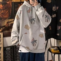 Cute Funny Cat Mouse Print Cartoon Oversized Loose Hoodie Sweatshirt Pullover Sweater Casual E-Girl Kawaii Korean Japanese Harajuku Streetwear - Thumbnail 1