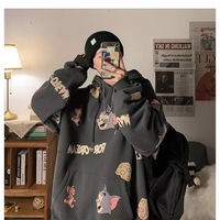 Cute Funny Cat Mouse Print Cartoon Oversized Loose Hoodie Sweatshirt Pullover Sweater Casual E-Girl Kawaii Korean Japanese Harajuku Streetwear - Thumbnail 3