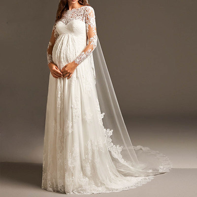 Elegant Empire Pregnant Wedding Dress With Long Sleeve Maternity Lace Bridal Gowns For Women Mariage,927