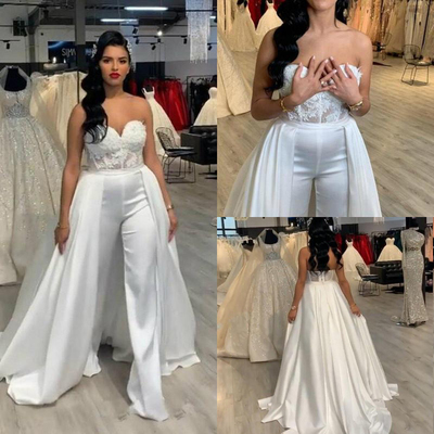 Lace satin women wedding jumpsuit with removable skirt 2021 strapless bride wedding gowns with pant suit,928